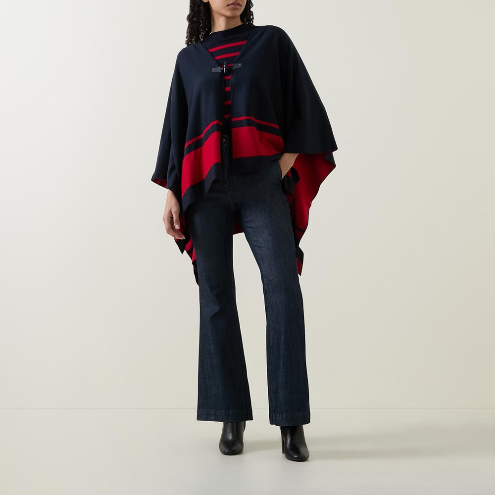 Lauren Ralph Lauren Intarsia Knit Two Tone Poncho Navy Blue Red Toggle Sz L/XL - Picture 3 of 16